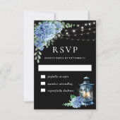 Blue Hydrangea Lantern Black Boho Wedding RSVP Karte (Vorderseite)