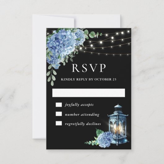 Blue Hydrangea Lantern Black Boho Wedding RSVP Karte (Vorderseite)