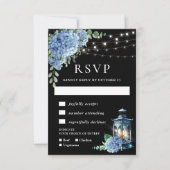 Blue Hydrangea Lantern Black Boho Wedding RSVP Karte (Vorderseite)