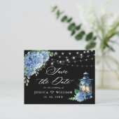 Blue Hydrangea Lantern Black Wedding Save the Date Postkarte (Stehend Vorderseite)