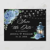 Blue Hydrangea Lantern Black Wedding Save the Date Postkarte (Vorderseite)