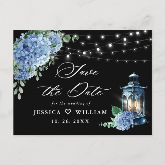 Blue Hydrangea Lantern Black Wedding Save the Date Postkarte (Vorderseite)