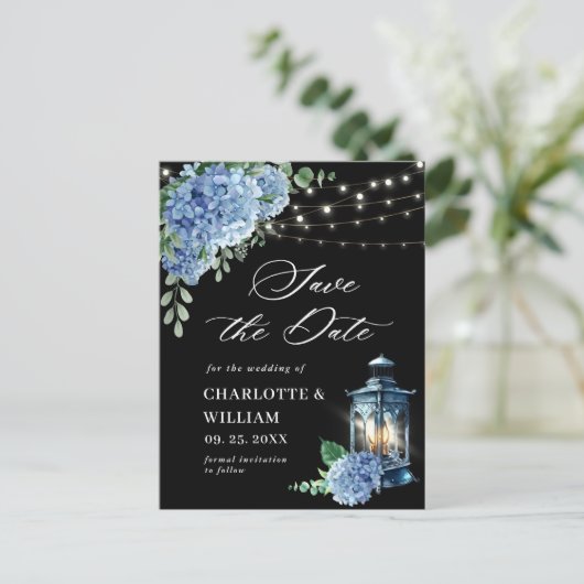 Blue Hydrangea Lantern Black Wedding Save the Date Postkarte (Stehend Vorderseite)