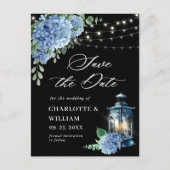 Blue Hydrangea Lantern Black Wedding Save the Date Postkarte (Vorderseite)