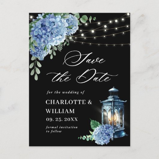 Blue Hydrangea Lantern Black Wedding Save the Date Postkarte (Vorderseite)