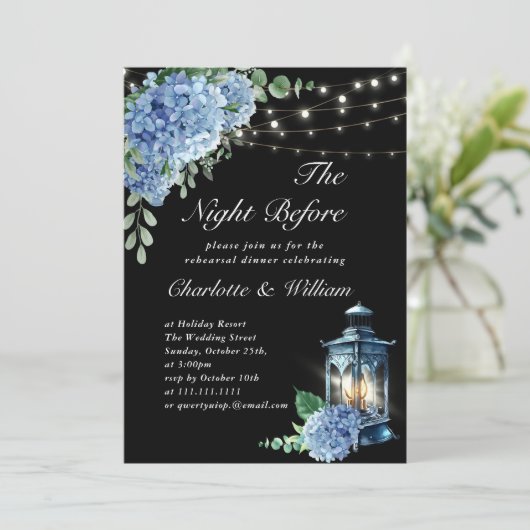 Blue Hydrangea Lantern Boho Black Probe Dinner Einladung (Stehend Vorderseite)