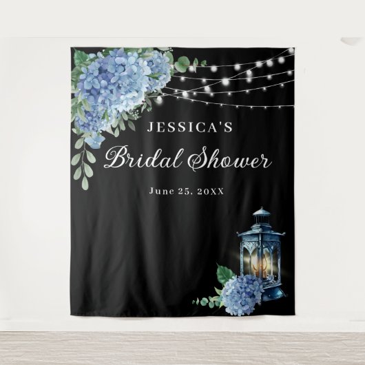 Blue Hydrangea Lantern Boho Brautparty Hintergrund Wandteppich (Vorderseite)