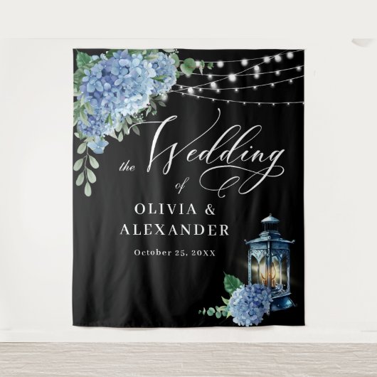 Blue Hydrangea Lantern Boho Foto Hochzeitskugel Wandteppich (Vorderseite)