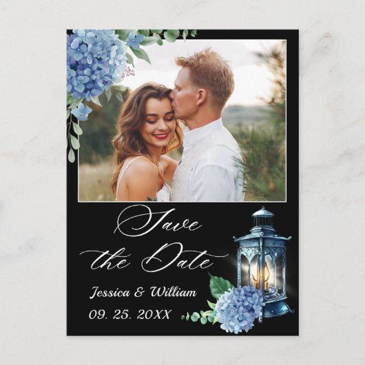 Blue Hydrangea Lantern FOTO Hochzeit speichern das Postkarte (Vorderseite)