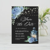 Blue Hydrangea Lantern Navy Black Wedding Save The Date (Stehend Vorderseite)