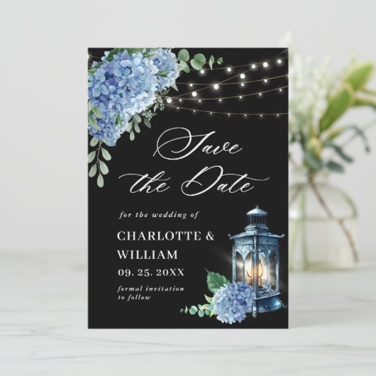 Blue Hydrangea Lantern Navy Black Wedding Save The Date (Stehend Vorderseite)