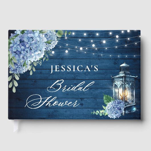 Blue Hydrangea Lantern Navy Wood Brautparty Gästebuch (Vorderseite)