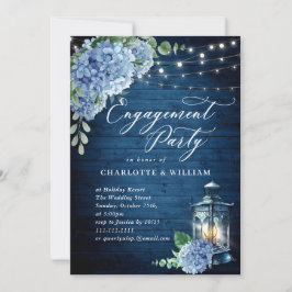 Blue Hydrangea Lantern Navy Wood Engagement Party Einladung