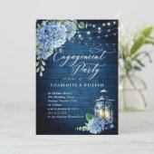 Blue Hydrangea Lantern Navy Wood Engagement Party Einladung (Stehend Vorderseite)