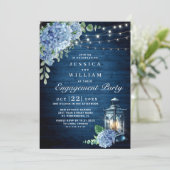 Blue Hydrangea Lantern Navy Wood Engagement Party Einladung (Stehend Vorderseite)