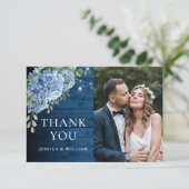 Blue Hydrangea Lantern Navy Wood Foto Hochzeit Dankeskarte (Stehend Vorderseite)
