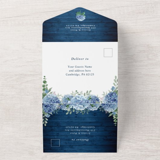 Blue Hydrangea Lantern Navy Wood Wedding All In One Einladung (Außenbereich)
