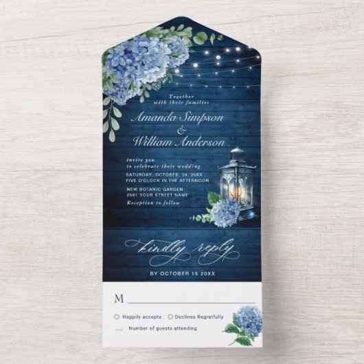 Blue Hydrangea Lantern Navy Wood Wedding All In One Einladung (Innen Boden)