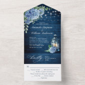 Blue Hydrangea Lantern Navy Wood Wedding All In One Einladung (Innen Boden)