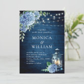 Blue Hydrangea Lantern Navy Wood Wedding Einladung (Stehend Vorderseite)