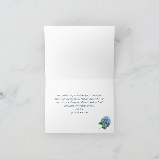 Blue Hydrangea Lantern Navy Wood Wedding Foto Dankeskarte (Innenseite)