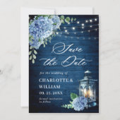 Blue Hydrangea Lantern Navy Wood Wedding Save The Date (Vorderseite)