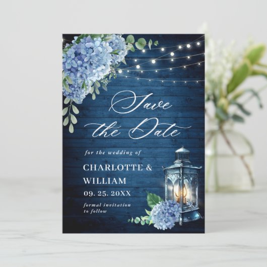 Blue Hydrangea Lantern Navy Wood Wedding Save The Date (Stehend Vorderseite)