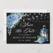 Blue Hydrangea Lantern Schwarzer Hintergrund Hochz Save The Date (Vorderseite)
