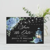 Blue Hydrangea Lantern Schwarzer Hintergrund Hochz Save The Date (Stehend Vorderseite)