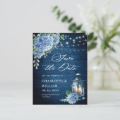Blue Hydrangea Lantern Wedding Save the Date Postkarte (Stehend Vorderseite)