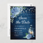 Blue Hydrangea Lantern Wedding Save the Date Postkarte (Vorne/Hinten)