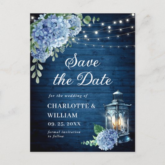 Blue Hydrangea Lantern Wedding Save the Date Postkarte (Vorderseite)