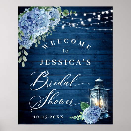 Blue Hydrangea Lantern Wood Boho Brautparty Poster (Vorne)