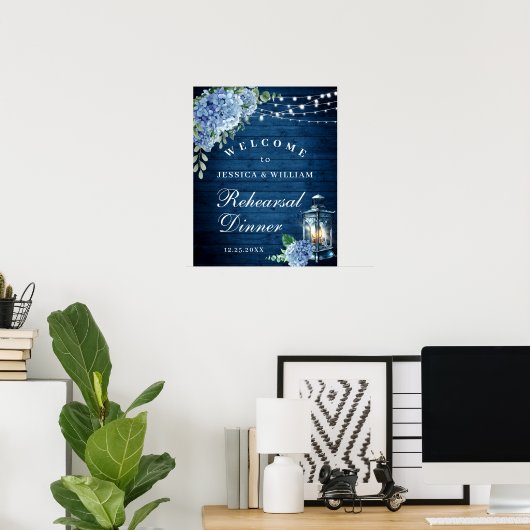 Blue Hydrangea Lantern Wood Boho Probe Dinner Poster (Heimbüro)