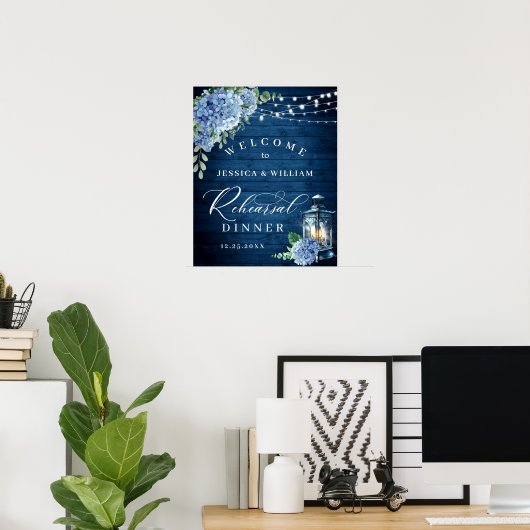 Blue Hydrangea Lantern Wood Boho Probe Dinner Poster (Heimbüro)
