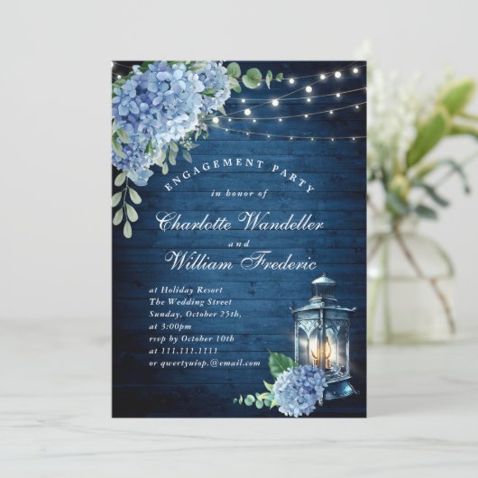 Blue Hydrangea Lantern Wood Engagement Party Einladung (Stehend Vorderseite)