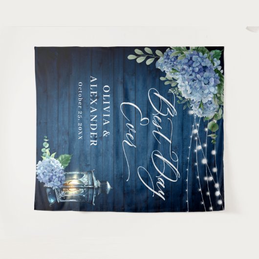 Blue Hydrangea Lantern Wood Foto Hochzeitskugel Hi Wandteppich (Vorderseite (Horizontal))