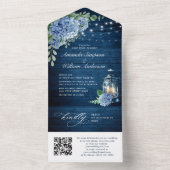 Blue Hydrangea Lantern Wood Wedding QR Code All In One Einladung (Innen Boden)