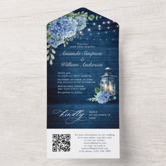 Blue Hydrangea Lantern Wood Wedding QR Code All In One Einladung (Innen Boden)