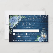 Blue Hydrangea Lantern Wood Wedding Rustic RSVP Karte (Vorderseite)