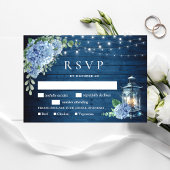 Blue Hydrangea Lantern Wood Wedding Rustic RSVP Karte