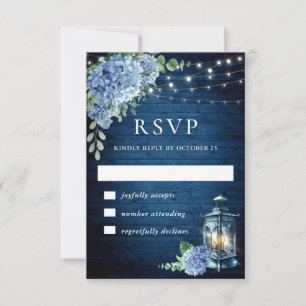 Blue Hydrangea Lantern Wood Wedding Rustic RSVP Karte