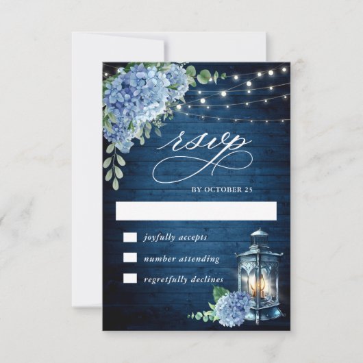 Blue Hydrangea Lantern Wood Wedding Rustic RSVP Karte (Vorderseite)