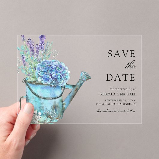 Blue Hydrangea Lavender Wedding Save the Date Acryleinladungen (Insitu (Handheld))
