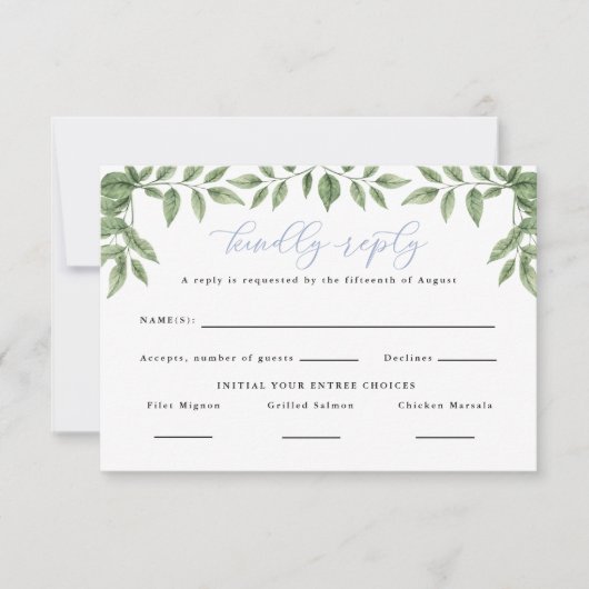 Blue Hydrangea Leaf Classic Wedding Reply RSVP Karte (Vorderseite)