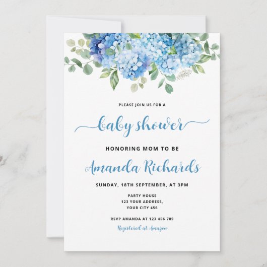 Blue Hydrangea Mama als Baby Dusche Einladung (Vorderseite)