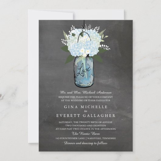 Blue Hydrangea Mason Jar Chalkboard | Hochzeit Einladung (Vorderseite)