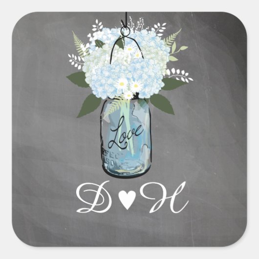 Blue Hydrangea Mason Jar Chalkboard | Hochzeit Quadratischer Aufkleber (Vorderseite)