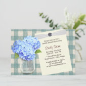 Blue Hydrangea & Mason Jar Kariertes Brautparty Einladung (Stehend Vorderseite)