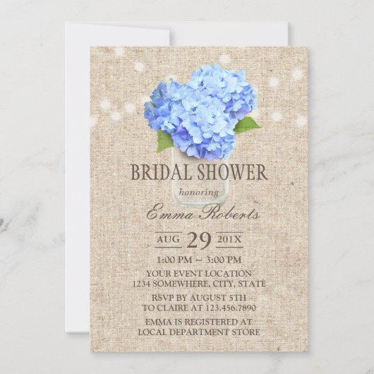 Blue Hydrangea Mason Jar Rustikales Brautparty Einladung (Vorderseite)